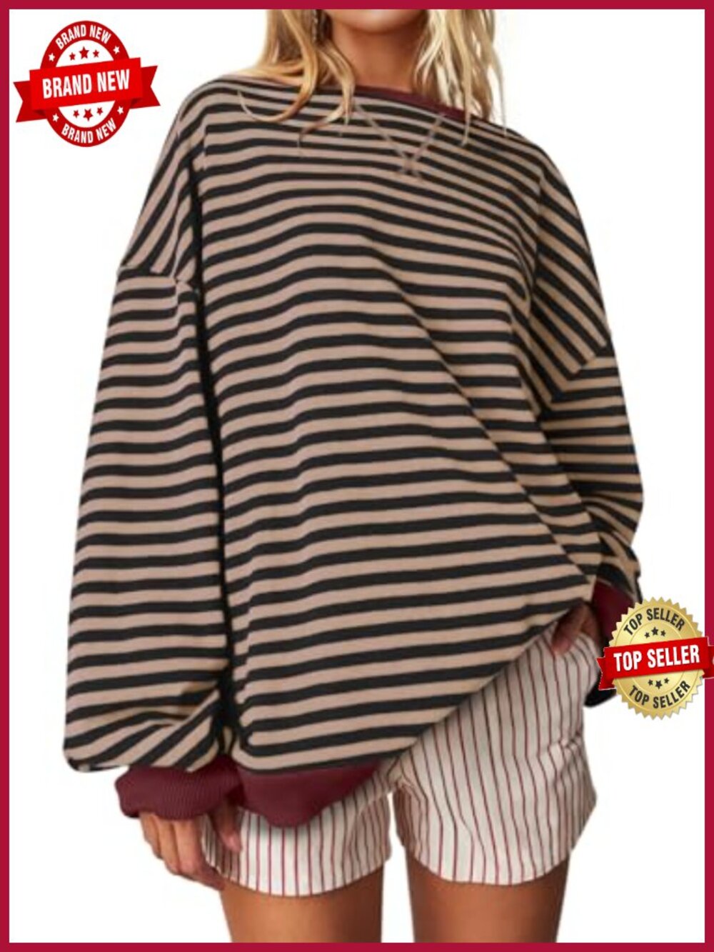 Oversized Striped Crewneck Sweatshirt Long Sleeve Casual Pullover